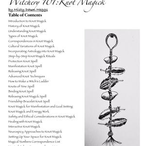 May include: A book page titled "Witchery 101: Knot Magick" by Misty Dawn Meggs. The page includes a table of contents and a detailed illustration of a knotted cord with feathers and other elements, in black and white.