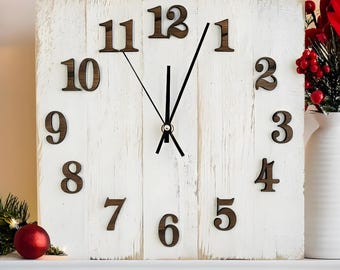 White Wooden Farmhouse Clock: Raised Oak Numbers, Distressed Finish
