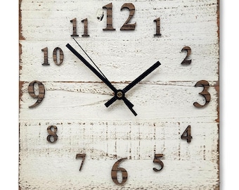 White Wall Clock with Raised Oak Numbers – Rustic Painted Wood Clock for Farmhouse Decor or Living Room Accent