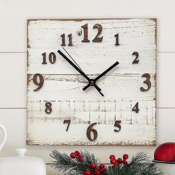 White Wall Clock Distressed White Painted Wood, Rustic Cedar, Oak Numbers, Silent Quartz, Country Home Decor, 5th Anniversary Gift