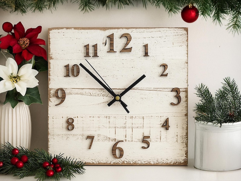 White Wall Clock Distressed White Painted Wood, Rustic Cedar, Oak Numbers, Silent Quartz, Country Home Decor, 5th Anniversary Gift image 2
