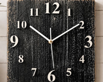 Black Distressed Cedar Wall Clock with Raised White Oak Numbers & Silent Mechanism