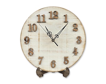 Round White Wall Clock – Rustic Reclaimed Wood Clock for Shelf, Mantel, or Desk, Farmhouse Wedding Gift