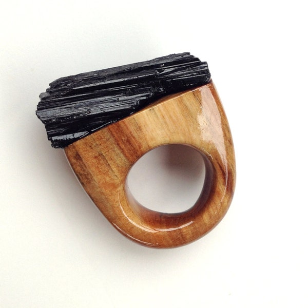 SALE 15% OFF  Glass Tower River Wood & Black Tourmaline Ring