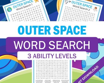 宇宙のワードサーチパズル：印刷可能な子供向けアクティビティ（PDFダウンロード、2サイズ）