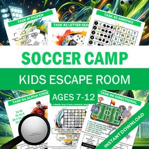 Op de afbeelding: Een kleurrijke afbeelding voor een voetbal-thema escape room voor kinderen. Het ontwerp bevat puzzels, een voetbal en de tekst "Soccer Camp Kids Escape Room". De leeftijdscategorie is 7-12 jaar. Bevat "Direct downloaden".