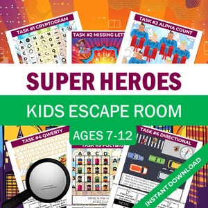 Può includere: Immagine colorata che promuove un gioco di escape room per bambini a tema supereroi. L'immagine presenta diversi compiti di puzzle, tra cui crittogrammi, lettere mancanti e sfide direzionali. Il testo recita "SUPER HEROES KIDS ESCAPE ROOM AGES 7-12".