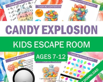 Juego de escape imprimible con dulces para niños / Juego para fiestas de cumpleaños / Actividad grupal para educación en casa / Desafío de rompecabezas para edades de 7 a 12 años.