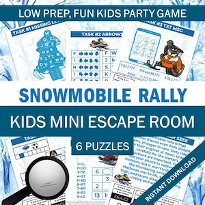 Puede incluir: Imagen colorida que promociona un juego de escape room para niños "Snowmobile Rally". El diseño presenta hojas de rompecabezas con texto como "Tarea #1 Letras faltantes" y "Tarea #2 Flechas". El juego incluye seis rompecabezas y está etiquetado como "Juego de fiesta para niños de baja preparación y divertido".
