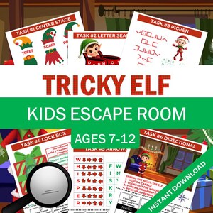 May include: A colorful graphic for a kids' escape room game, featuring the text "Tricky Elf" and "Kids Escape Room." The design includes various task cards with elf illustrations and puzzles, suitable for ages 7-12. Includes "Instant Download" text.