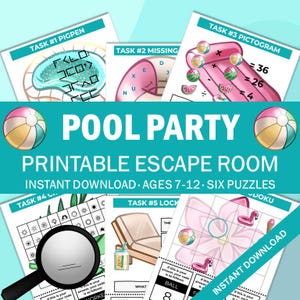 May include: A printable escape room game titled Pool Party for ages 7-12, featuring six puzzles with illustrations of beach balls, pool floats, and summer items. The game includes tasks like pigpen ciphers, math pictograms, and a sudoku grid.
