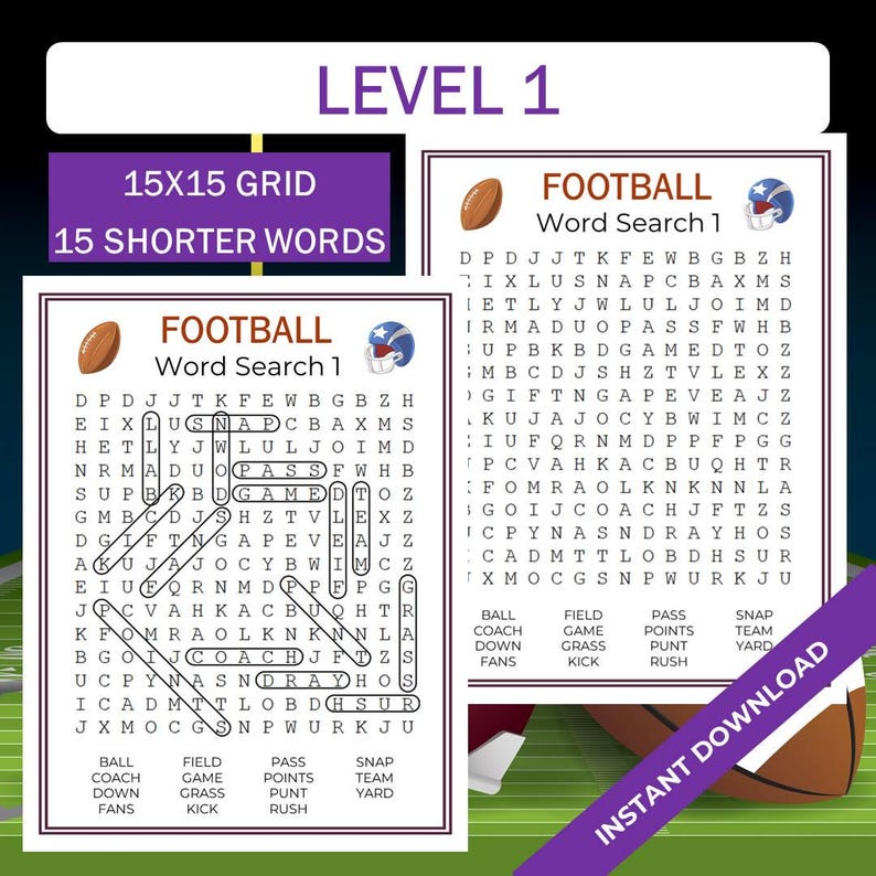 Football Word Search Puzzle: 3 Levels, Printable Party Game (PDF