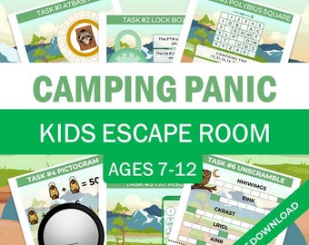 Juego de escape imprimible con temática de camping para niños / Juego para fiestas de cumpleaños / Actividad grupal para educación en casa / Desafío de rompecabezas para edades de 7 a 12 años.