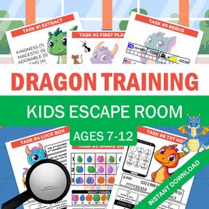 May include: A colourful kids' escape room game with dragon-themed puzzles. The game includes various tasks, such as extracting words, solving rebus puzzles, and cracking codes. The game is designed for children aged 7-12 and features the text "Dragon Training Kids Escape Room".