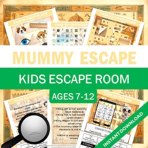 May include: A colorful Mummy Escape Room game for kids aged 7-12. The image features various task cards with puzzles, cryptograms, and a crossword. The game includes an instant download option and is designed for fun and educational play.