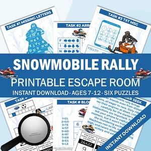 Kit imprimible de escape room con temática de motos de nieve para niños / Actividad para fiestas de cumpleaños / Juegos para grupos de cualquier tamaño / Diversión familiar sin pantallas / Edades de 7 a 12 años