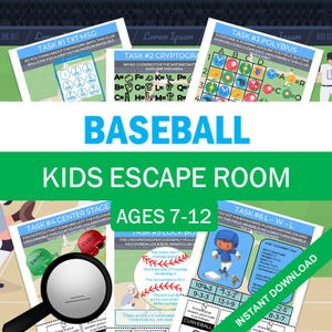 May include: A baseball-themed kids' escape room game with various puzzles and clues. The design features baseball field graphics, a magnifying glass, and the text "BASEBALL KIDS ESCAPE ROOM AGES 7-12". Includes an "INSTANT DOWNLOAD" button.