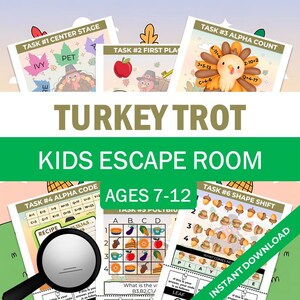 Pode incluir: Um download digital colorido para um jogo de escape room infantil chamado "Turkey Trot". O jogo é projetado para crianças de 7 a 12 anos e apresenta vários quebra-cabeças e tarefas com gráficos temáticos de outono, incluindo perus, maçãs e bolotas. O texto "Download instantâneo" é visível.