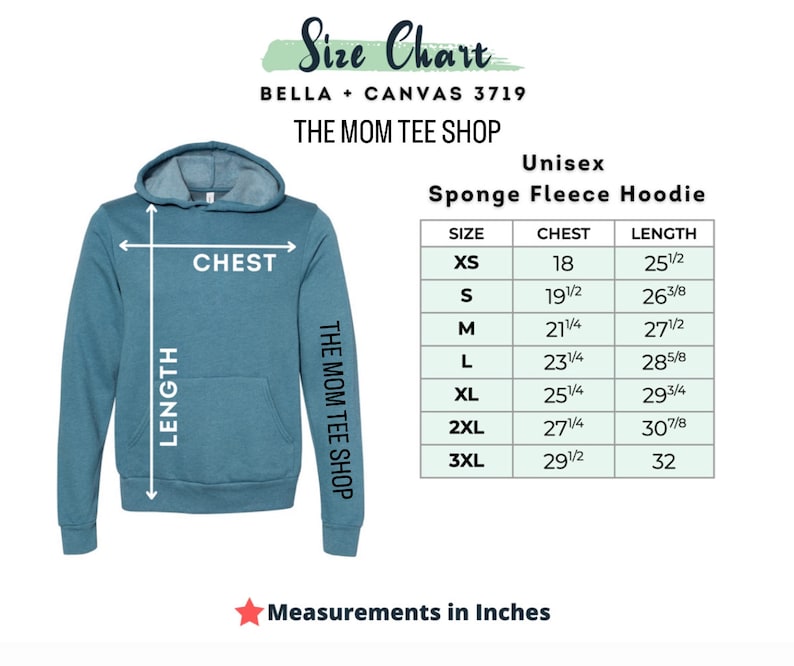 Peut inclure: Tableau des tailles pour un sweat &agrave; capuche en polaire &eacute;ponge unisexe. Le tableau indique les tailles XS &agrave; 3XL avec les mesures de poitrine et de longueur correspondantes en pouces.