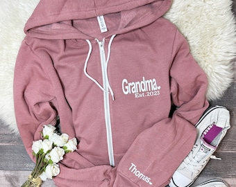 Grandma Zip Up Sweatshirts, Grandma Sweater, Zipper Sweater, Grandma Gift, Mother’s Day Gift Idea, Custom Sleeve Names, Holiday Gift