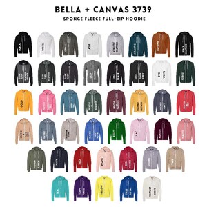 Może przedstawiać: Tabela z 48 r&oacute;żnymi opcjami kolorystycznymi dla bluz z kapturem Bella + Canvas 3739 Sponge Fleece Full-Zip Hoodies. Tabela pokazuje nazwę koloru każdej bluzy.