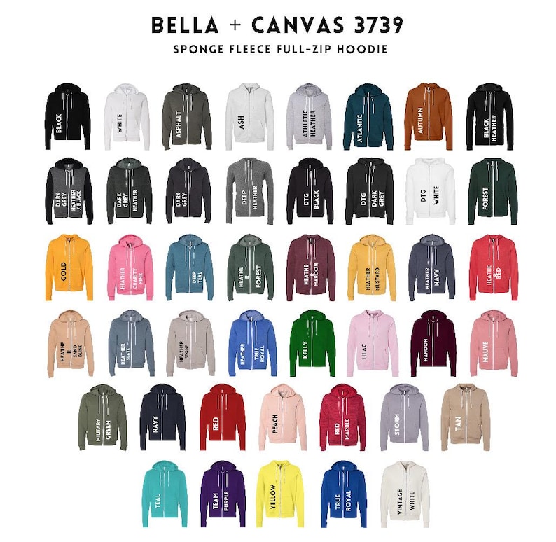 Może przedstawiać: Tabela z 48 r&oacute;żnymi opcjami kolorystycznymi dla bluz z kapturem Bella + Canvas 3739 Sponge Fleece Full-Zip Hoodies. Tabela pokazuje nazwę koloru każdej bluzy.