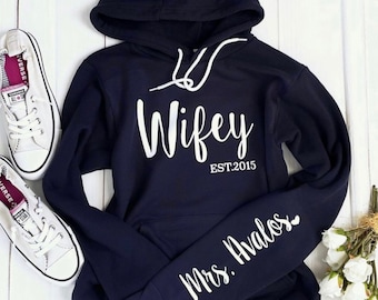 Wifey Hoodie, Engagement Hoodie, Sleeve Print, Hoodie Sweatshirt, Unisex Sweatshirt, Honey moon, Bride, Engagement Gift, Wifey and Hubs