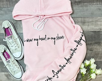 I wear my heart on my sleeve sweatshirt, Sleeve Print, Mom Sweater, Mom Sweatshirt, Personalized Sleeve Names, Mama crewneck, Gift For Mom,