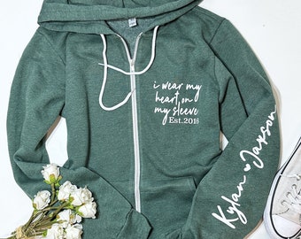 I wear my heart on my sleeve sweatshirt, Sleeve Print, Mother’s Day gift, Personalized Sleeve Names, Gift For Mom, Gift for a Friend, Gifts