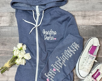 Grandma Zip Up Sweatshirts, Grandma Darlin Sweater, Zipper Sweater, Grandma Gift, Mother’s Day Gift Idea, Custom Sleeve Names,Holiday Gift