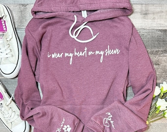 I wear my heart on my sleeve sweatshirt, Sleeve Print, Dog Mom Sweatshirt, Personalized Sleeve Names, Gift For Mom, Cuff Print name