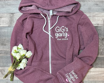 Gigi’s Gang, Grandma Zip Up Sweatshirts, Personalized Sweatshirt, Grandma Gift, Mother’s Day Gift Idea, Custom Sleeve Names, Holiday Gift