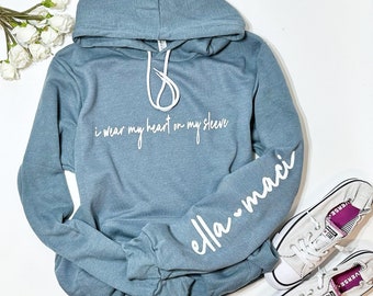 I wear my heart on my sleeve sweatshirt, Sleeve Print, Mom Sweater, Mom Sweatshirt, Personalized Sleeve Names, Christmas Gift, Holiday Gift