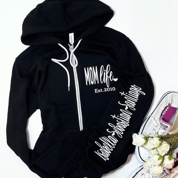 Mom Life Sweatshirt, Sleeve Print, Mom Sweater, Mom Sweatshirt, Gift For Mom Sweater, Gift For Mom, Mom Hoodie, Zip up hoodie, Zip up