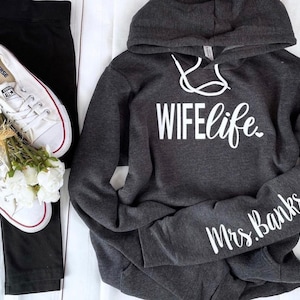 Wife Life Hoodie, Engagement Hoodie, Sleeve Print, Hoodie Sweatshirt, Unisex Sweatshirt, Honey moon, Bride, Engagement Gift, Wifey and Hubs