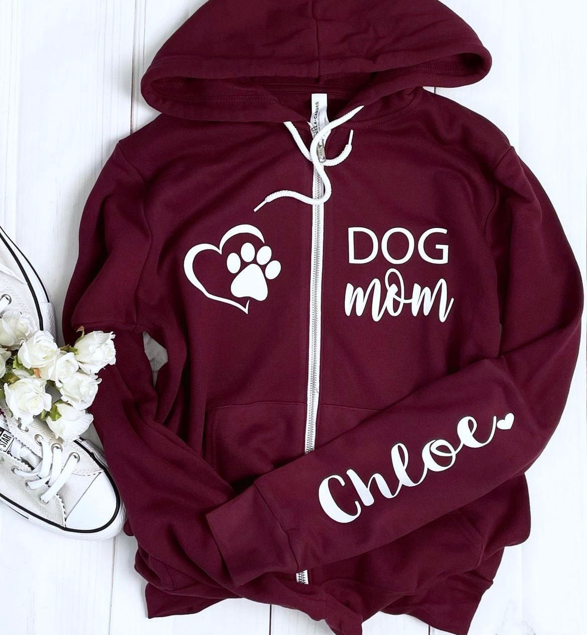 Dog Mom Full Zip Sweatshirt: Personalized Sleeve Print, Maroon Bella Canvas