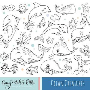 Dolphin Clipart, Whale Clipart, Set of Cute Sea Animals, Doodle Clipart, Fish Clipart, Starfish, Octopus, PNG Files, Vector, Commercial Use