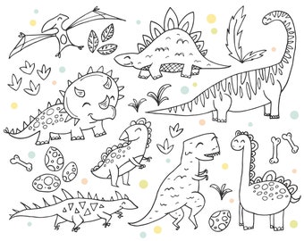 Dinosaur Clipart Set // 30 Cute Dinos Clip Art for Little Boys and Girls with Printable Coloring Page, PNG JPG Vector Stamp Digital Download