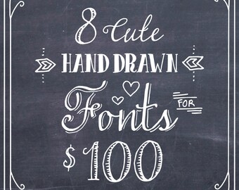 8 FONT BUNDLE // Sale Discount Deal // Hand Drawn French Whimsical // Calligraphy Font // Digital Download True type TTF // Commercial Use