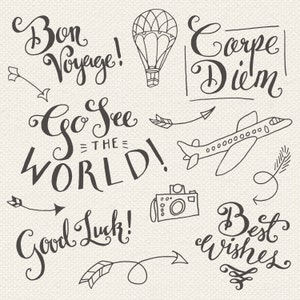Set clipart di viaggio, ClipArt citazione di viaggio, sovrapposizioni di viaggio, sovrapposizioni di foto, vacanza, Bon Voyage, Clipart di laurea, PNG, vettore, Photoshop
