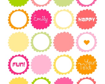 Frame Clipart Set, 20 Digital Frames, Round Frames, Scalloped Circle Frame Clip Art, Pink Orange Yellow Clipart Frames, Scrapbook Frame, PNG