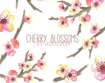 Watercolor Cherry Blossom Clipart Set, Watercolor Clipart, Cherry Blossom Clipart, Watercolor Flowers, Clip Art, Digital Download, JPG, PNG