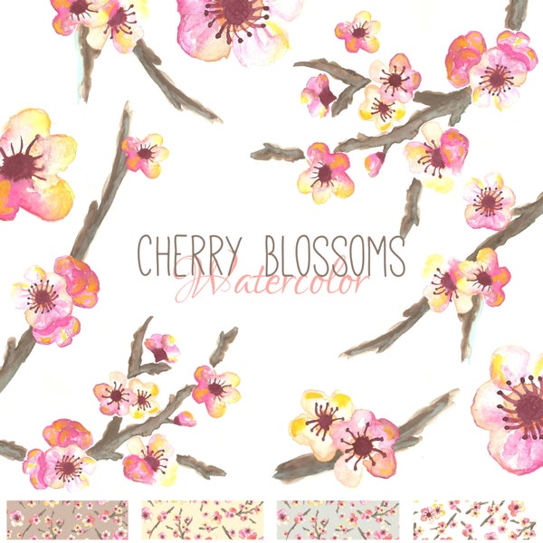 Watercolor Cherry Blossom Clipart Set, Watercolor Clipart, Cherry Blossom Clipart, Watercolor Flowers, Clip Art, Digital Download, JPG, PNG