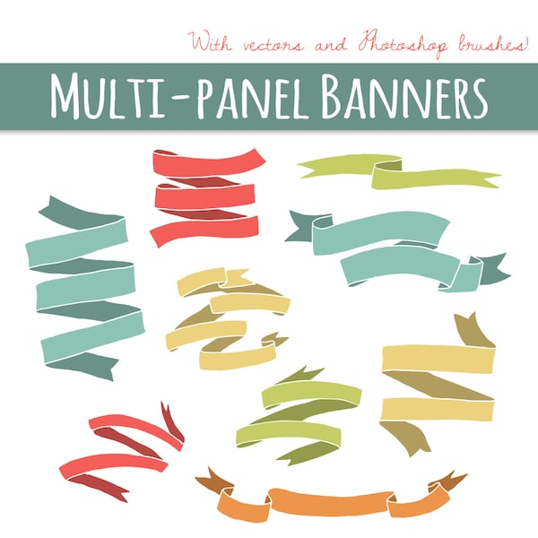 Multi-Panel Banners Clipart Bundle, Folded Banners Ribbons Clip Art, Digital Frames, Clipart Banners, Frame Clipart, PNG, Vector, Download