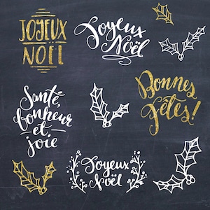Zestaw francuskich świątecznych clipartów, nakładki świąteczne, Francais, cytat francuski, Joyeux Noel, Bonnes Fetes, Clip Art, wektor, PNG, pobieranie cyfrowe
