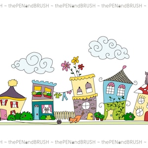 Cute Houses Clip Art // Row of Five Unique Hand Drawn Houses Street // Kids Graphics Cartoon PNG Files Vector // Rainbow // Commercial Use