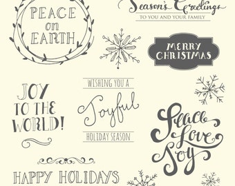 Christmas Quotes Clipart, Set of 7 Cute Christmas Clipart, Holiday Quotes, Digital Clip Art, Peace Love Joy, Photo Overlays, Vector, PNG