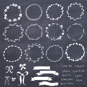 CLIP ART: Chalkboard Wreaths, Bows, and Banners // Plus Photoshop Brushes Vectors // Hand Drawn // Digital Foliage Leaves // Commercial Use