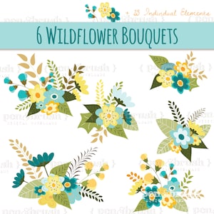Floral Clipart Wildflower Bouquets, Wildflower Clipart, Flower Clip Art, Floral Clip Art, Blue, Yellow, PNG, EPS, Vector, Digital Download