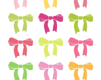 Bow Clipart Set, 12 Cute Clipart Bows in Pink Green Yellow, Bows Clipart Ribbon Clipart, Girl Baby Shower Clip Art, Bow PNG Digital Download